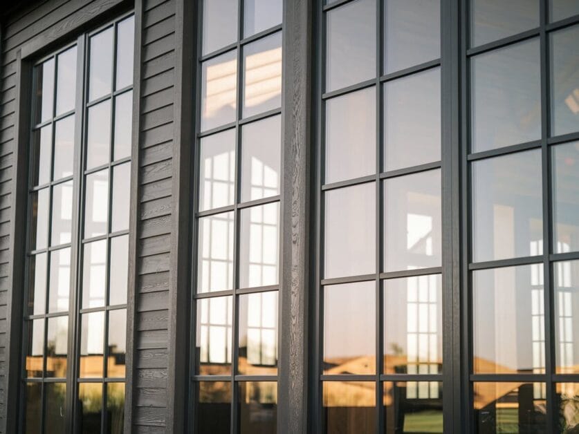 Close-up view of The Midnight Lodge’s tall, multi-pane glass windows reflecting the surrounding environment. The exterior features horizontal siding in a neutral color, adding a touch of farmhouse luxury.