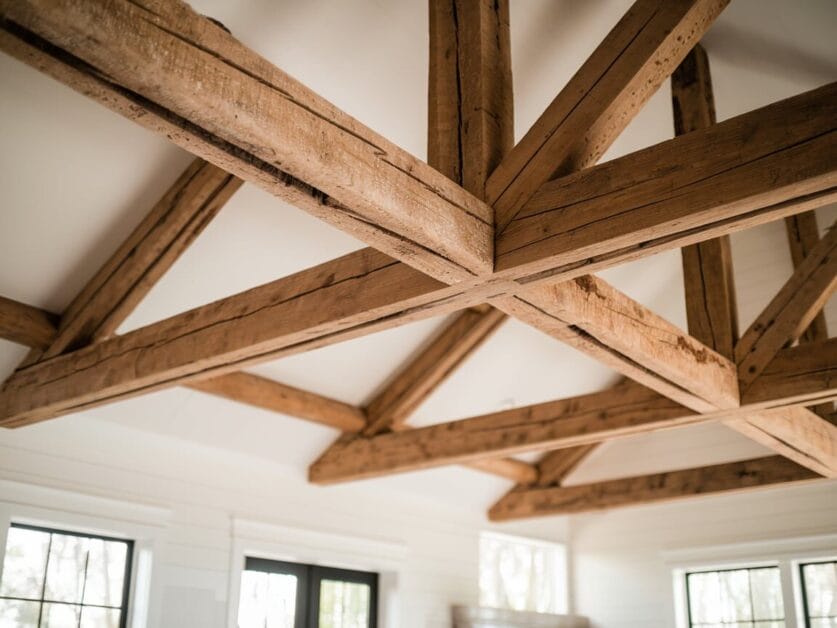 Exposed wooden beam ceiling with intersecting trusses in a room with white walls and several windows, embodying the essence of Farmhouse Luxury.