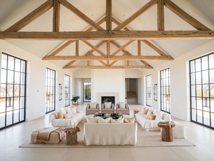 A spacious living room with a high vaulted ceiling featuring exposed wooden beams, large windows, and white walls. Several white sofas and chairs are arranged around a central coffee table, giving the space a touch of farmhouse luxury reminiscent of The Midnight Lodge in the heartland.