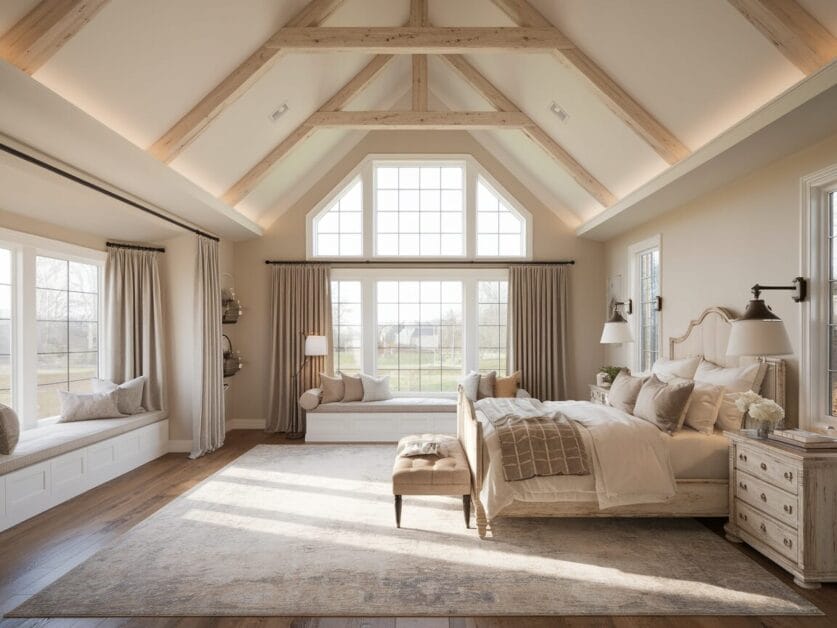 A spacious, 500 sq ft bedroom with a vaulted ceiling and large windows. It features a neatly made bed, neutral-toned furniture, a cushioned window seat, and hardwood flooring. Natural light illuminates this modern farmhouse retreat.