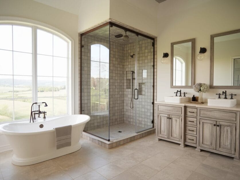 A bathroom in this 3,500 sq ft modern farmhouse features a freestanding bathtub, glass-enclosed shower, double sink vanity, and a large window with a scenic view.