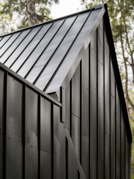 Close-up view of a modern building's exterior featuring black vertical metal cladding and a sloped roof design, set against a backdrop of trees. This Ironclad Cabin inspires anyone dreaming of contemporary architecture melded with nature.