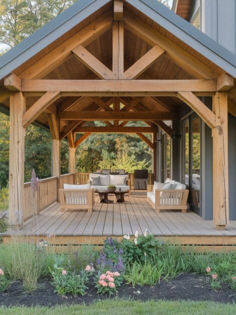 Outdoor porch with wooden frame structure, featuring cushioned seating and a coffee table. Dreaming amid the greenery and flower beds, it feels like an extension of an ironclad cabin.