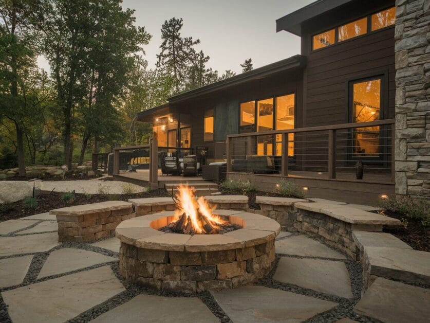 Backyard with a modern 4-bedroom house, stone fire pit, and surrounding patio furniture. The fire pit is set within a stone-paved area and lit, creating a cozy evening ambiance. Trees are visible in the background, making it feel like you're dreaming of an Ironclad Cabin retreat.