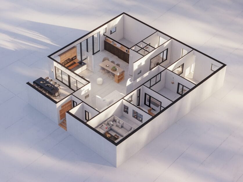 A minimalist, bird's-eye view of a modern, one-story Dream Cabin layout featuring a kitchen, dining area, living room, and two bedrooms in a clean, open floor plan.