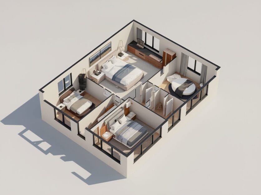 3D floor plan of an apartment with three bedrooms, two bathrooms, a living area, and large windows, ideal for those dreaming of an Ironclad Cabin.