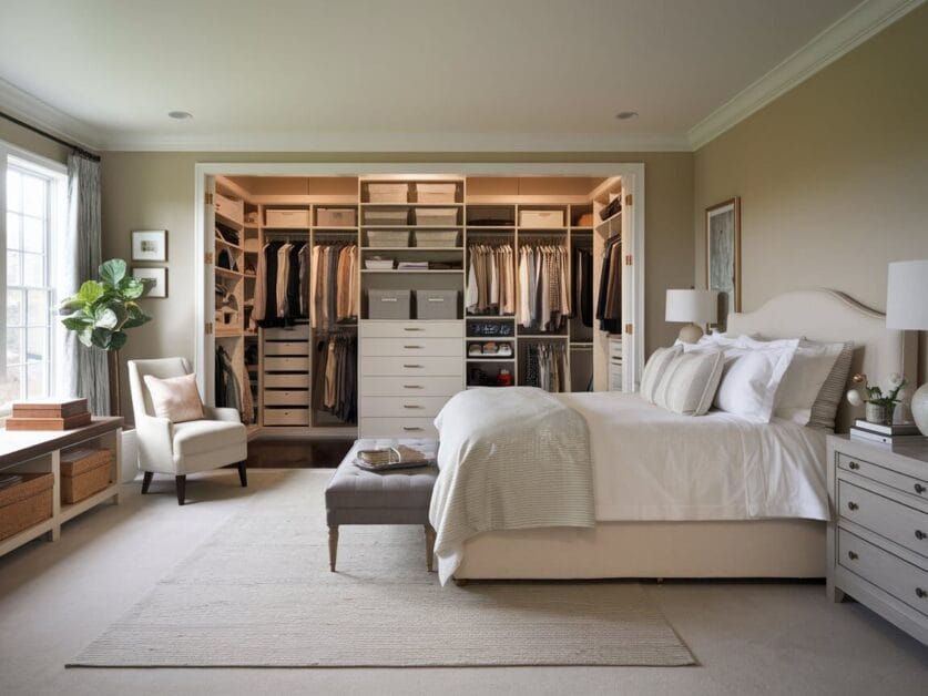 A neatly organized 4-bedroom features a bed with white bedding, a cushioned bench, nightstands with lamps, a cozy chair, and a spacious open closet with organized clothes and storage compartments. Dreaming of such comfort makes every moment feel like pure bliss.