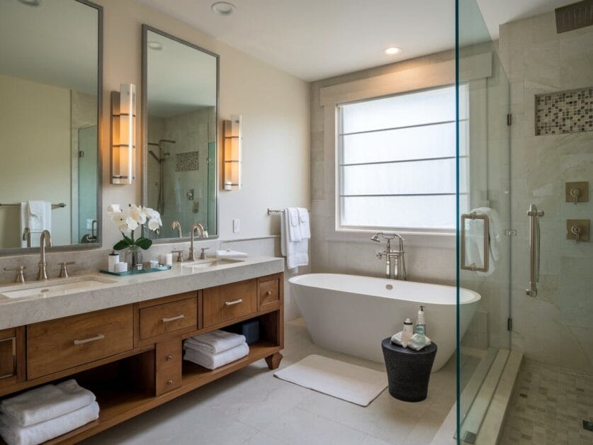 Modern bathroom in your dream cabin with a double sink vanity, large mirrors, a freestanding bathtub, and a glass-enclosed shower. The room has light-colored walls and floor tiles, and is well-lit with natural and artificial light. Perfectly suited for the comfort of your 4-bedroom cabin.