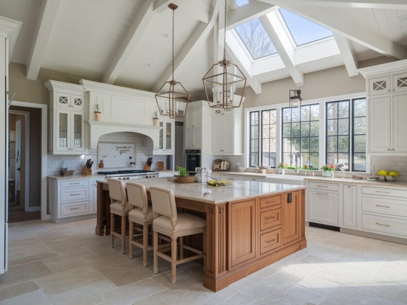 A bright, spacious kitchen in this Ironclad Cabin features high ceilings, large windows, white cabinetry, an island with stools, and hanging light fixtures. The surfaces are clutter-free, and natural light floods the room.