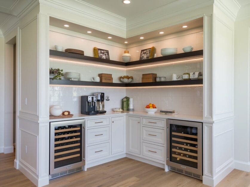 Modern kitchen corner within a 4-bedroom ironclad cabin, featuring white cabinetry, open shelves, under-cabinet lighting, two wine coolers, a coffee maker, and assorted dishes and decor items. Light wood flooring complements the space.
