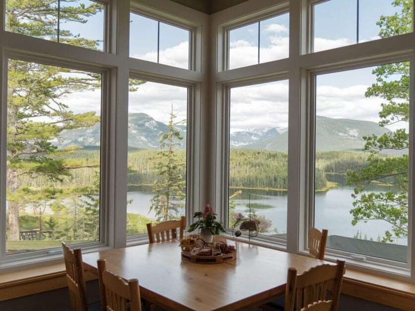 A wooden table with chairs is placed near large windows in the Ironclad Cabin, offering a scenic view of a lake surrounded by trees and mountains—truly a sight for anyone dreaming of this idyllic 4-bedroom retreat.