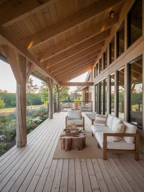 A spacious wooden deck with a sloped roof features a white cushioned sofa, a wooden coffee table, and a scenic view of greenery and flowers beyond the railing—perfect for those dreaming of an Ironclad Cabin.