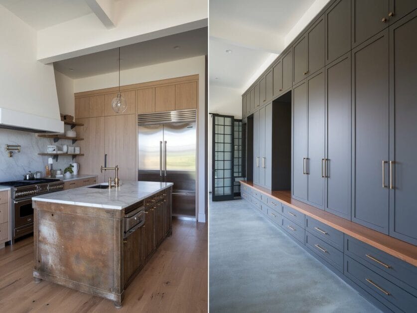 A modern kitchen with a central island, stainless steel appliances, and wooden cabinetry is featured in this 4-bedroom dream farmhouse in Whispering Oaks, alongside a hallway with floor-to-ceiling grey cabinets and wooden bench seating.