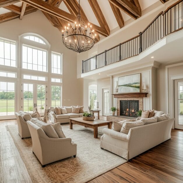 Spacious living room with high ceilings, exposed wooden beams, large windows, a wrought iron chandelier, beige sofas, a wooden coffee table, fireplace, and a view of the lush green lawn outside at White Willow Manor.