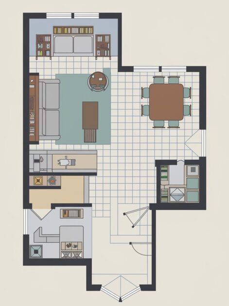 A floor plan showcasing your dream house with a living room, dining area, kitchen, bathroom, and two bedrooms. The cozy living room features a couch, coffee table, and bookshelves. The inviting dining area includes a table with six chairs. Welcome to your White Willow Manor.