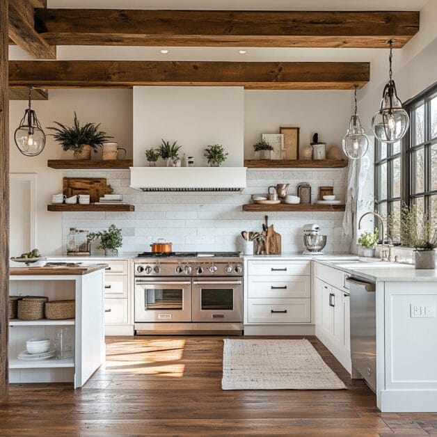 Modern kitchen at White Willow Manor featuring white cabinets, stainless steel appliances, wood accents, exposed ceiling beams, and ample natural light. Decor includes plants and rustic accessories on open shelves, creating the perfect country escape.