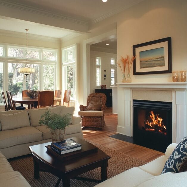 A cozy living room with light-colored sofas, a wooden coffee table, and a fireplace. The adjacent dining area at White Willow Manor features a table and chairs near large windows with views of the outside.
