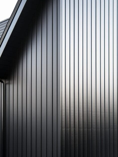 Close-up view of Blackstone Haven's exterior wall, featuring vertical black metal siding with sharp lines and a clean, minimalist design.