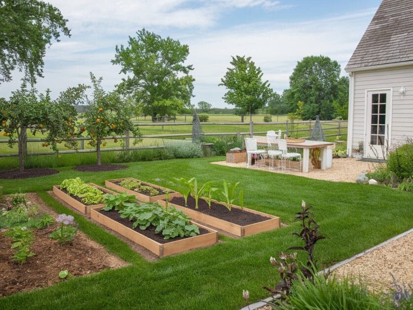 A 3,500 Sq Ft backyard garden with three raised beds of plants, a lawn, and outdoor dining area next to a modern farmhouse. Trees and a wooden fence can be seen in the background.