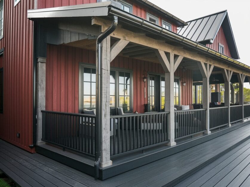 A wooden porch with a black railing attached to a red house with gray accents sits at the Red Barn Retreat. The house, featuring 3 beds and a slanted metal roof, offers a stunning view and has chairs and a table on the porch.