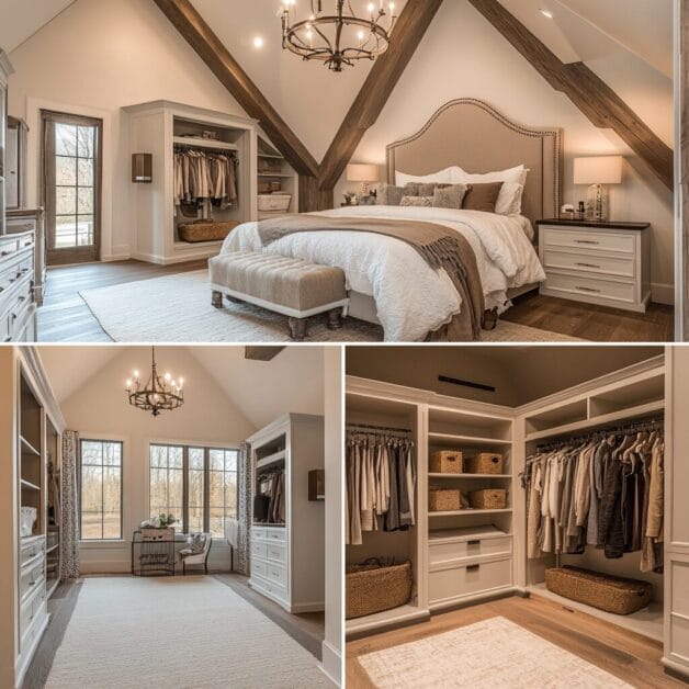 A bedroom in White Willow Manor with a vaulted ceiling, chandelier, and large windows. Features include a neatly made bed, bedside tables, and walk-in closets with organized clothing and storage bins. The perfect country escape awaits you every night.