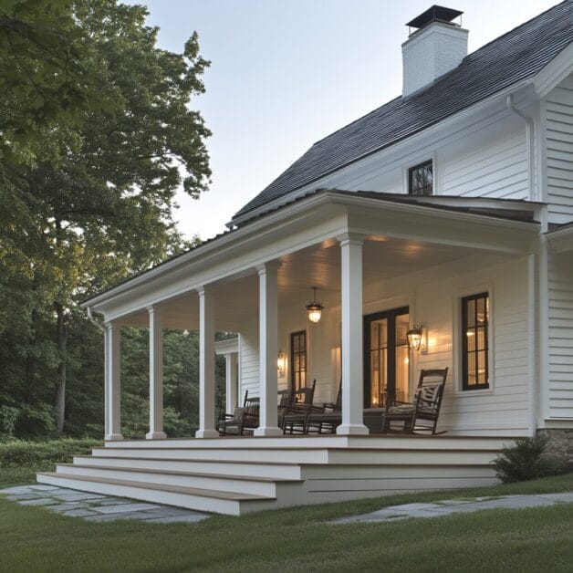 White Willow Manor, a country escape, boasts a white house with a dark roof, featuring a spacious front porch adorned with white pillars and rocking chairs, all surrounded by lush greenery.