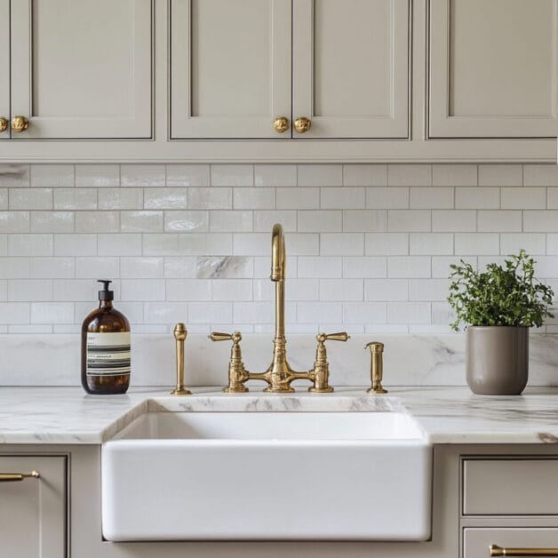 A kitchen sink in White Willow Manor features a white basin, brass faucet, and light gray cabinets. A bottle of soap and a potted plant sit on the marble countertop, set against a white subway tile backsplash, creating the perfect touch for your dream house.
