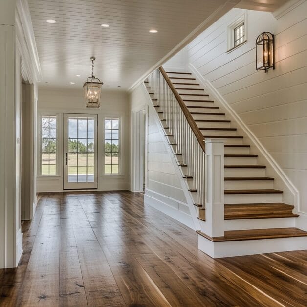 A well-lit foyer with wooden flooring, white walls, a wooden staircase, and glass doors leading outside evokes the charm of White Willow Manor.
