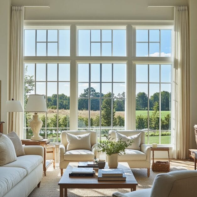 A spacious living room with tall windows, two white armchairs, a sofa, a coffee table, and greenery visible outside creates the perfect balance of comfort and elegance in White Willow Manor.