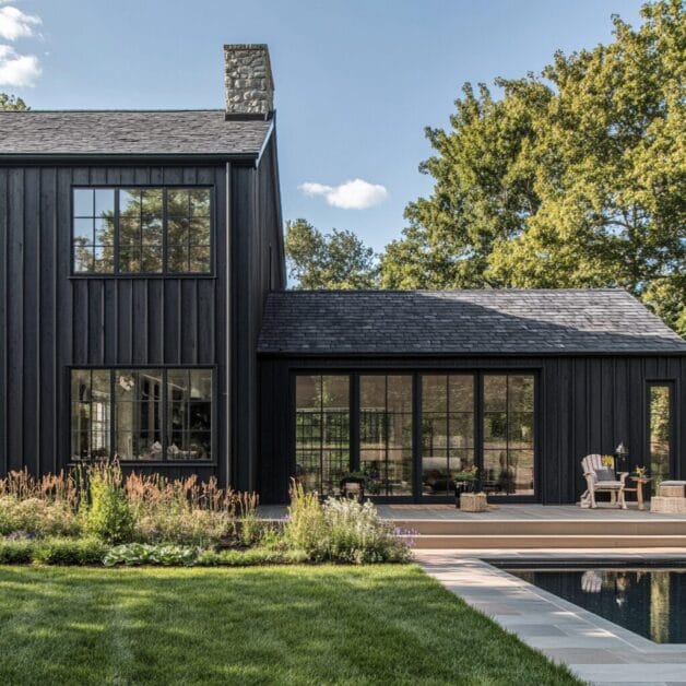 The Blackstone Escape is a modern black house spanning 5,000 square feet with large windows, a stone chimney, and a well-manicured lawn. There is an outdoor seating area beside the pool in the foreground. Trees are visible in the background, adding to this luxury farmhouse's serene appeal.