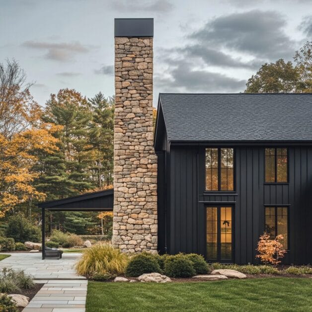 The Blackstone Escape is a luxury modern black house with a tall stone chimney, large windows, and a neatly landscaped yard featuring a stone pathway, shrubs, and trees with autumn foliage.