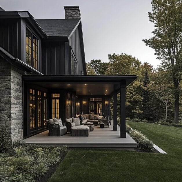 The Blackstone Escape is a luxury farmhouse, spanning 5,000 square feet, with a dark exterior and features a covered, furnished deck overlooking a lawn with trees in the background.