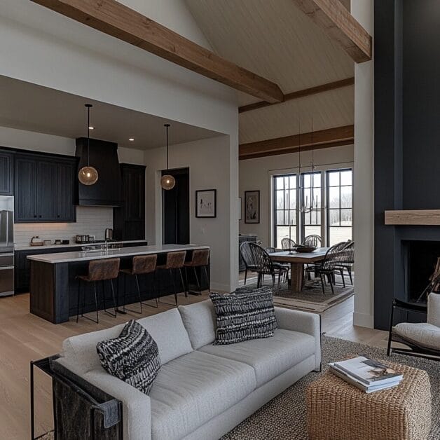 A modern open-concept living area in The Blackstone Escape featuring a light gray sofa, a dark kitchen with a large island and bar stools, and a wooden dining table with chairs near large windows. Exposed beams are visible on the ceiling, enhancing the luxury farmhouse appeal.