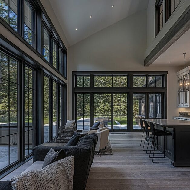 Spacious modern living room with large, floor-to-ceiling windows, dark-framed glass doors, light wood flooring, and a mix of dark and light furniture. This luxurious setting is complemented by an adjacent kitchen area with bar seating, embodying the elegance of The Blackstone Escape.