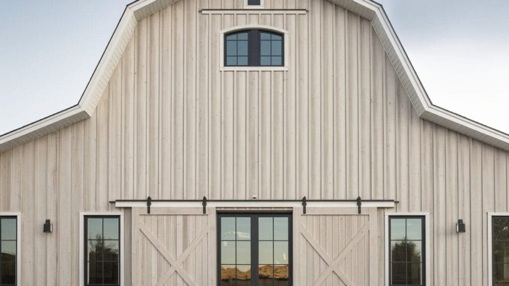 Exterior of a wooden barn with large double doors, four rectangular windows, and two small wall-mounted lights on either side of the doors, showcasing the rustic charm of a 4-bedroom Bardominium in Stone Haven.