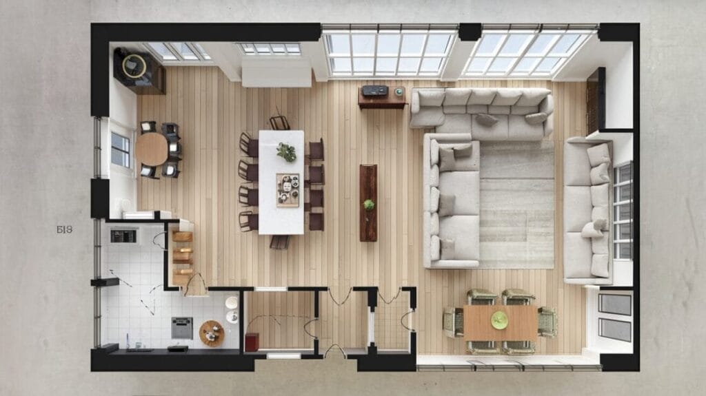 A bird's-eye view of a spacious, furnished, open-concept Bardominium featuring a living room, dining area, small corner office, and kitchen in the Stone Haven community.