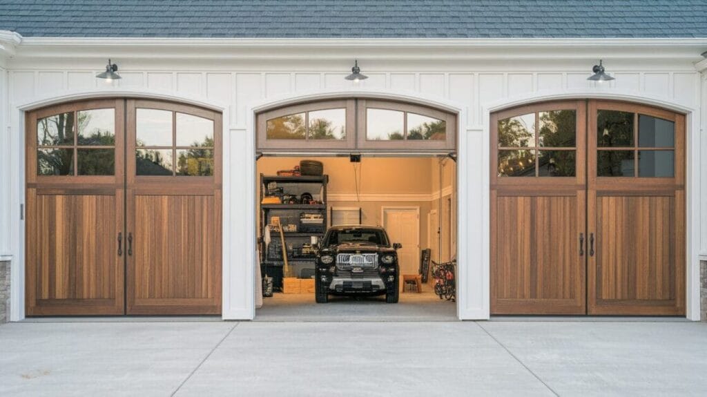 A rustic garage with three wooden doors, one open to reveal a car inside. The interior is akin to a Stone Haven, showcasing shelves filled with tools and equipment neatly organized along the walls. The concrete driveway leads to what feels like a charming bardominium retreat.