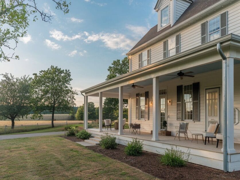 A two-story white farmhouse with a large front porch. The porch has chairs and a table, perfect for enjoying the serene surroundings. Whispering Pines are scattered around, adding to the rural charm of this home, which boasts 5 stunning bedrooms and overlooks a field in the background.