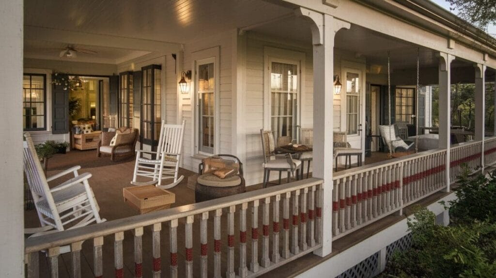 A spacious, covered porch at Stone Haven features multiple seating areas, including rocking chairs, a small table, and cushioned seats. Wooden railings line the porch, which is shaded by a ceiling with hanging light fixtures—a perfect spot for relaxation in this charming Bardominium.