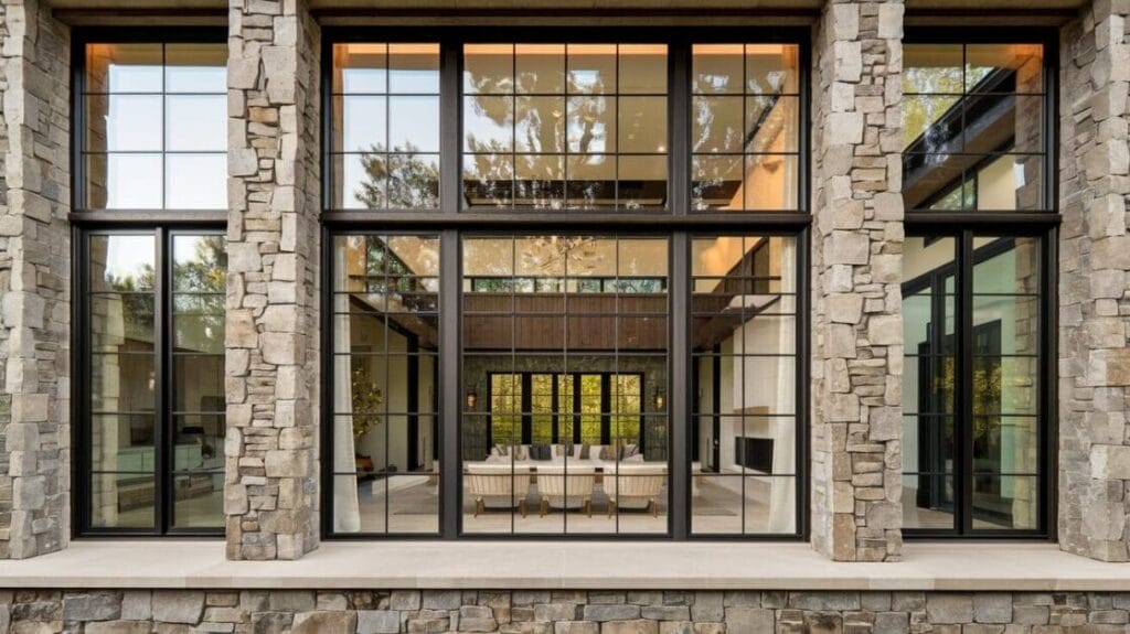 Stone Haven's large stone house exterior features floor-to-ceiling windows revealing an interior living space with cream-colored sofas and a coffee table. Trees are reflected in the glass, adding to the serene atmosphere of this exquisite 4-bedroom Bardominium.