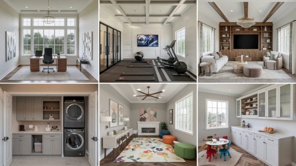 Collage showing a spacious $1.5M Bardominium featuring a home office, gym with equipment, living room, laundry room, playroom with toys, and a kitchen with white cabinetry. This 4-bedroom space is perfect for family living.