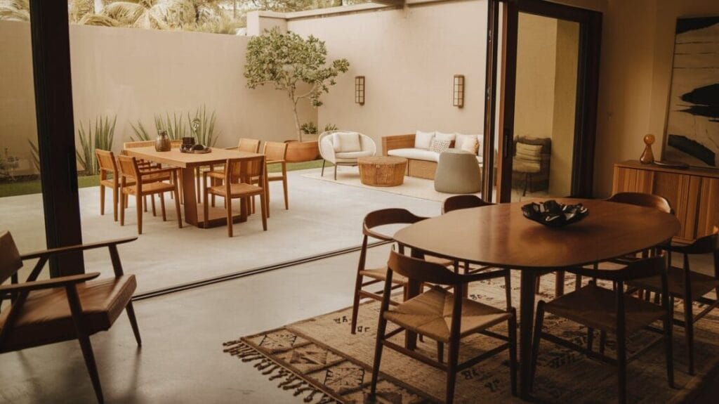 The Stone Haven dining area opens to a patio featuring a wooden dining table and chairs. The indoor area offers another dining set with modern decor, seamlessly blending sophistication with comfort. This charming 4-bedroom bardominium boasts ample greenery visible through its expansive windows.