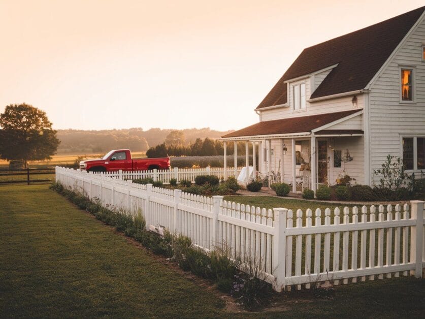A white house with a porch and a white picket fence at sunset, reminiscent of a $1 Million Dream. A red truck is parked on the driveway, adding to the charm. The well-maintained lawn and trees in the background evoke the tranquil ambiance of Whispering Pines.