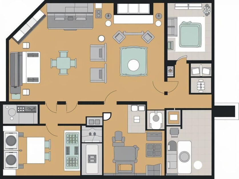 A detailed floor plan of an apartment at Whispering Pines shows a cozy living room, two bedrooms, a kitchen, a dining area, two bathrooms, and a laundry room. Furniture and appliances are also depicted.