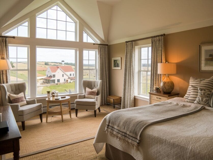 A cozy $1 Million Dream bedroom with a large bed, two armchairs, and a small table, overlooking a serene countryside through large, arched windows. Warm lighting and neutral tones create an inviting atmosphere reminiscent of a charming farmhouse.