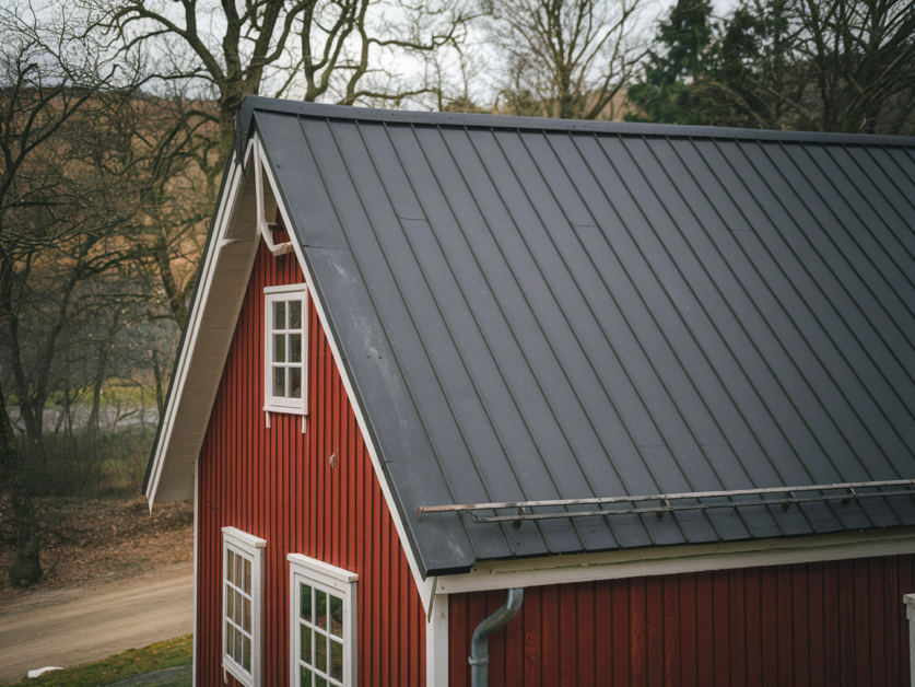 The Red Oak Retreat is a charming 500 sq. ft. red wooden house with white window frames and a dark grey metal roof, surrounded by trees and a dirt road in the background, capturing the essence of modern farmhouse style.