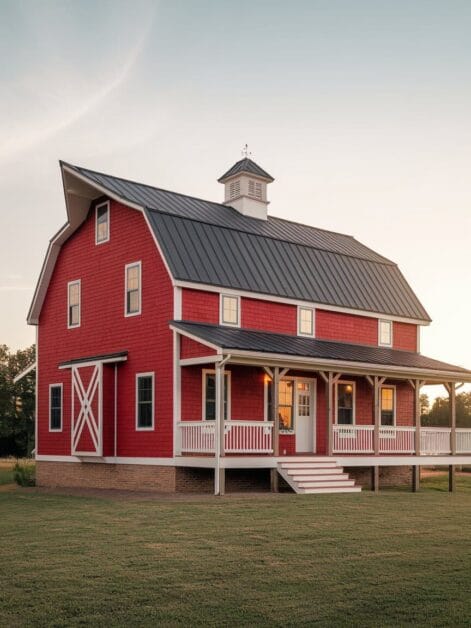 A red barn-style mini barndominium with white trim, a covered front porch, and a gray metal roof sits on a grassy lawn at sunset—perfect for those seeking budget-friendly living.