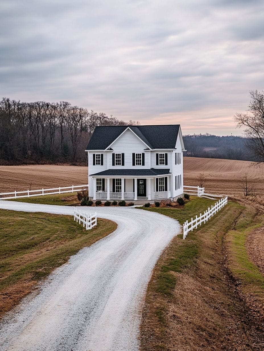 A white two-story house with black shutters sits at the end of a curved gravel driveway, surrounded by fields and a white fence—a classic example of modern farmhouses under a cloudy sky, perfect for your dream home.