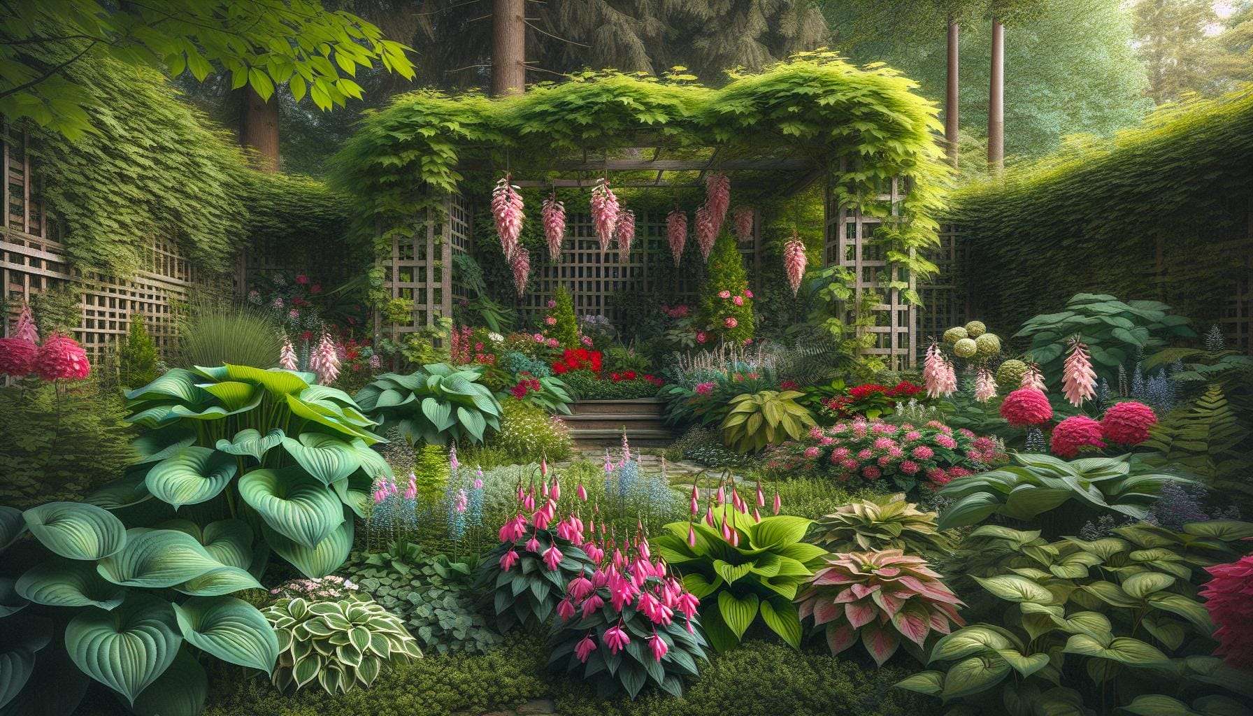 A lush garden with various flowering plants, dense greenery, and a wooden pergola covered in vines at the center.