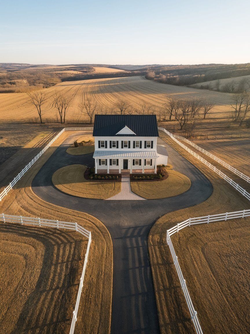 Aerial view of a two-story white house with a black roof, surrounded by a curved driveway, white fences, and open fields under a clear sky.